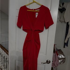 Elegant Red Cut-Out Short Sleeve Dress